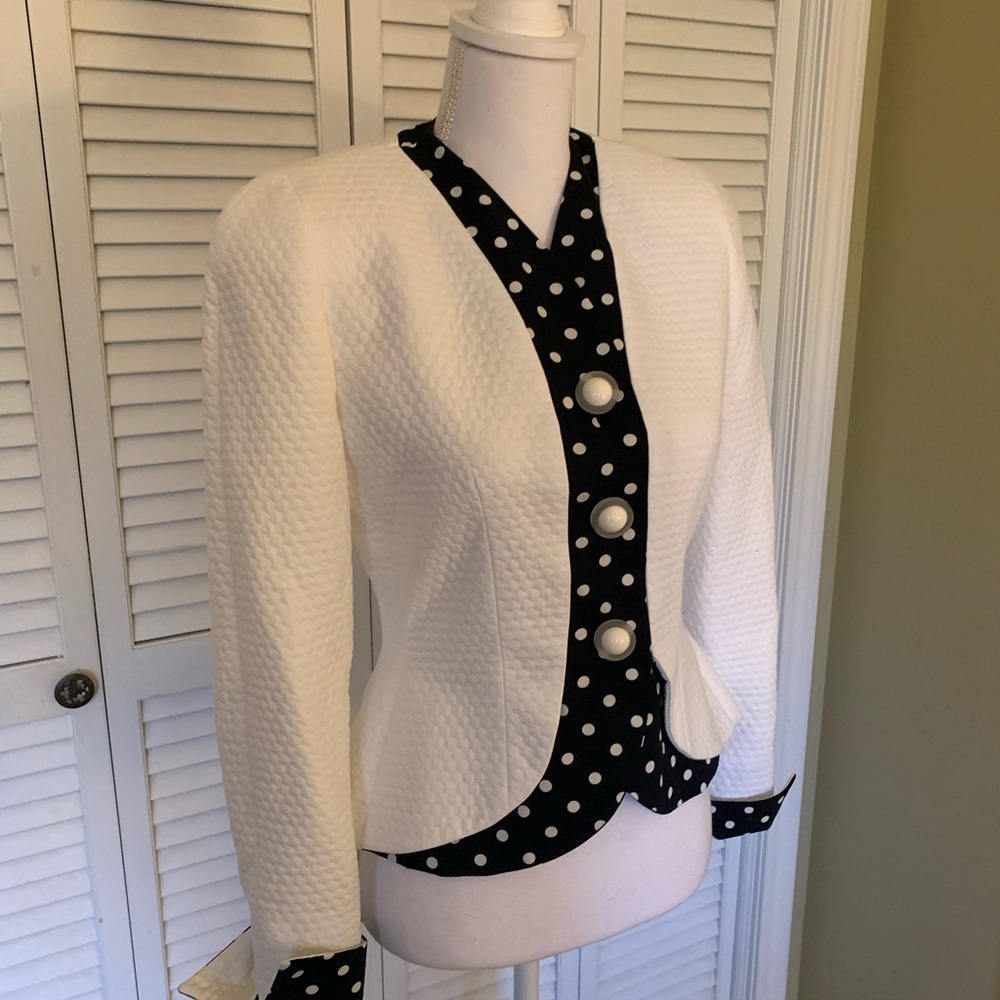 Ilie Wacs Vintage Polka Dot Trim Peplum White Jacket Made in USA 1980’s - Picture 2 of 8